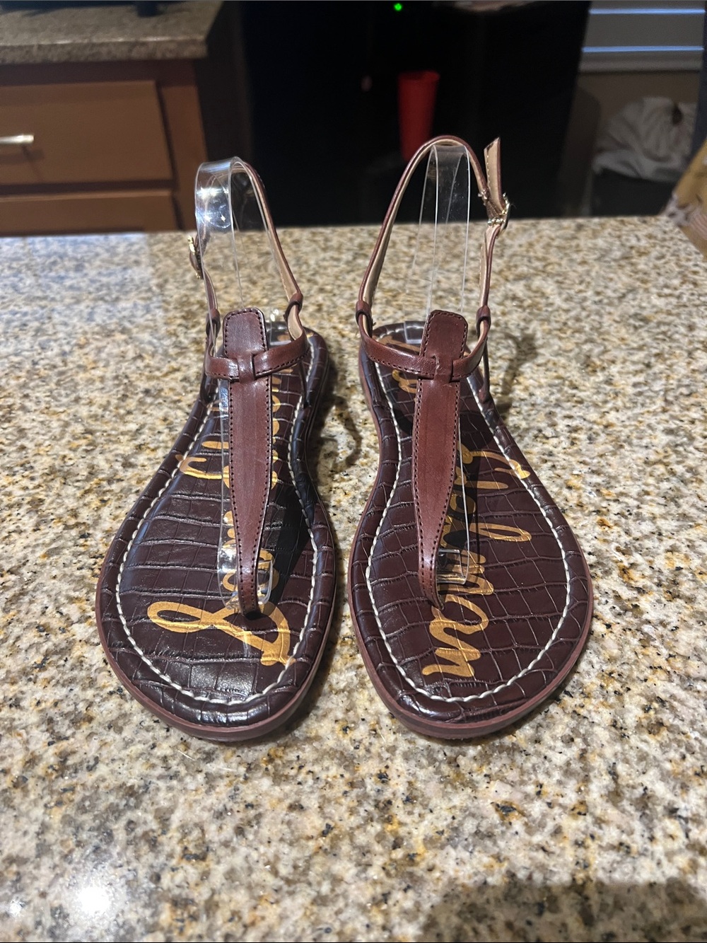 Sam Edelman Brown T-Strap Croc-Embossed Sandals